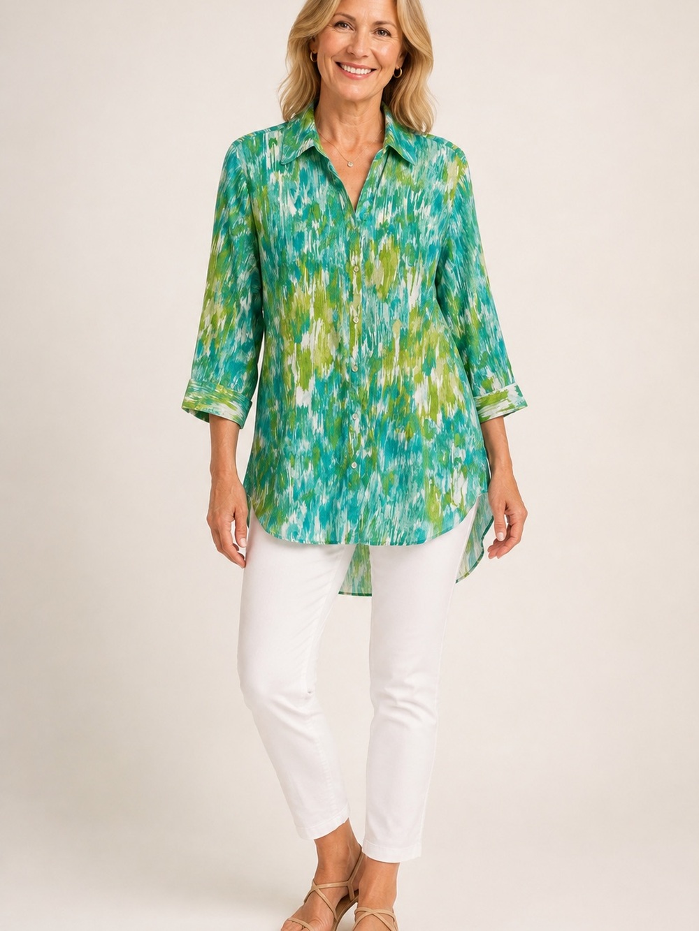 Chico's Teal and Lime Abstract Button-Down Tunic Resortware Coastal XL